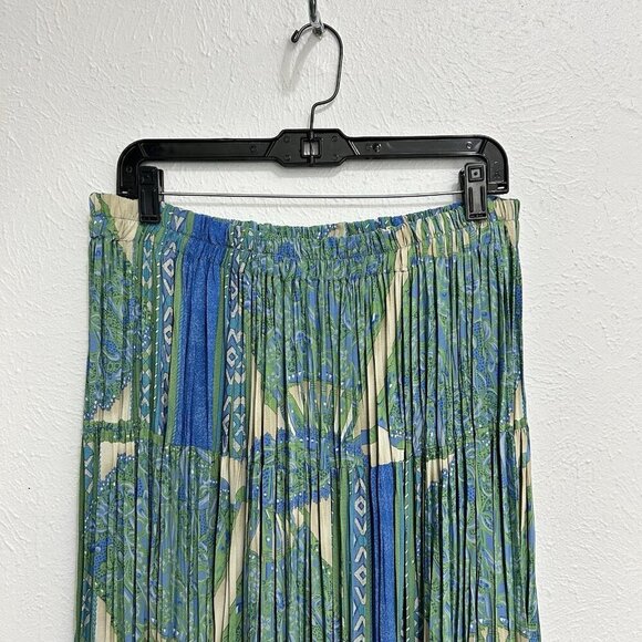 VTG Boho Broomstick Skirt Crinkle Colorful Blue Green Long Maxi Crochet Trim XL - Picture 2 of 10